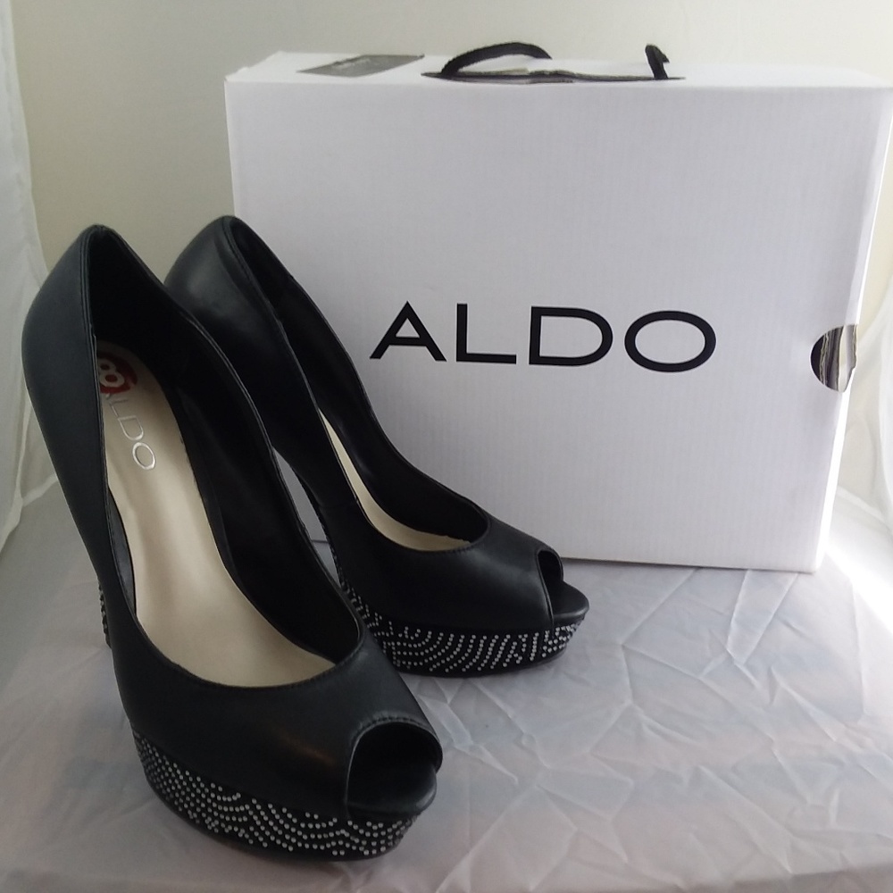 ALDO Ibalede-97 Sequined Open-Toe Black Heels sz 8